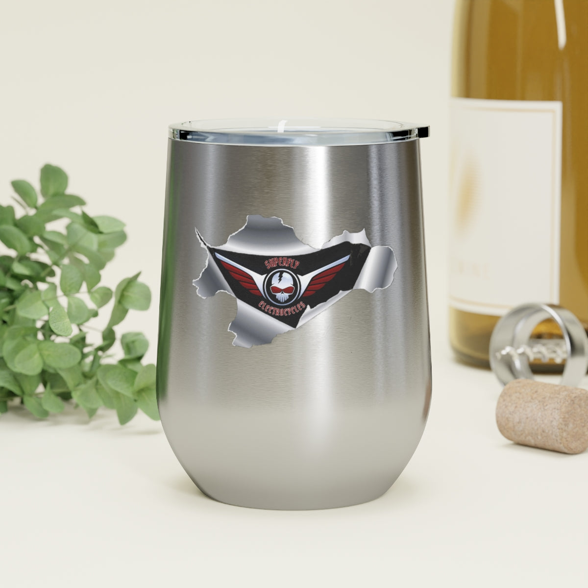 12oz Insulated Wine Tumbler - Cool Superfly ElectroCycles 3D Style Print w/ logo inside a peeled back surface layer