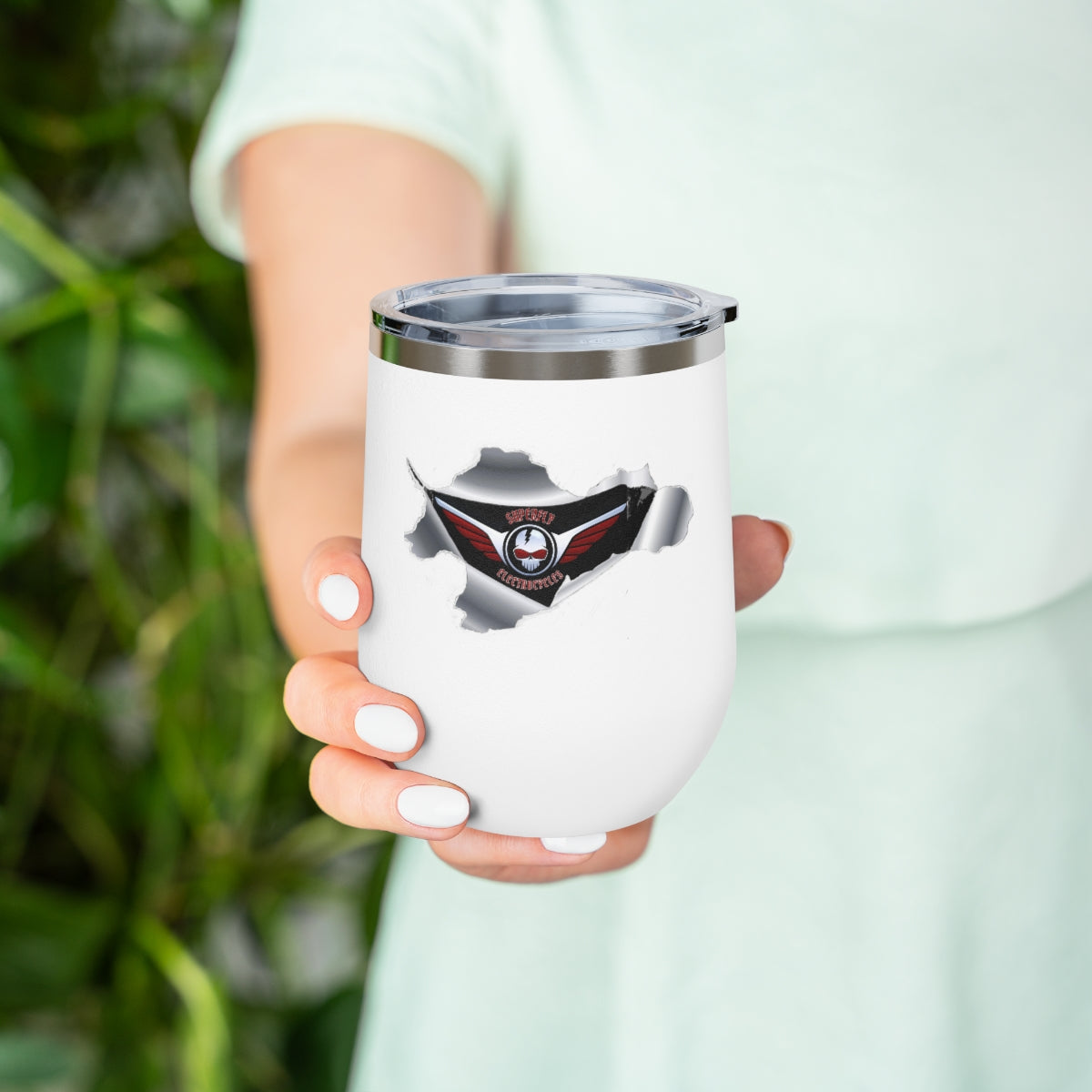 12oz Insulated Wine Tumbler - Cool Superfly ElectroCycles 3D Style Print w/ logo inside a peeled back surface layer
