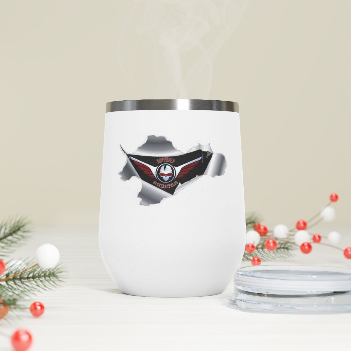 12oz Insulated Wine Tumbler - Cool Superfly ElectroCycles 3D Style Print w/ logo inside a peeled back surface layer