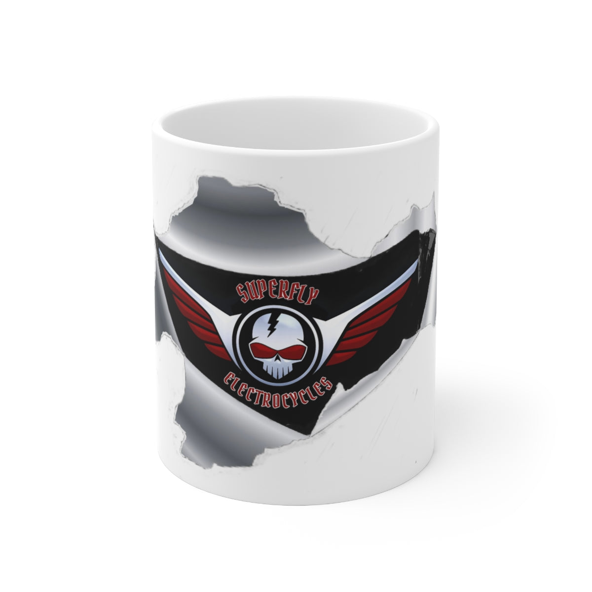 Ceramic Mug 11.0 oz - Superfly ElectroCycles Cool 3D Style Print w/ Logo inside peeled back outer layer