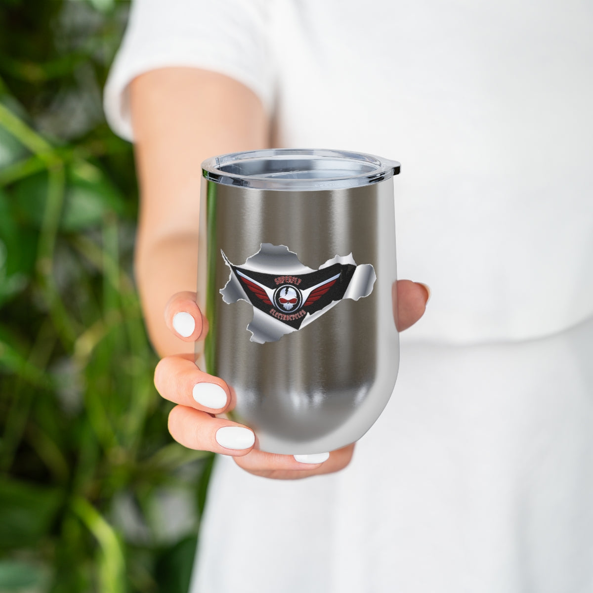 12oz Insulated Wine Tumbler - Cool Superfly ElectroCycles 3D Style Print w/ logo inside a peeled back surface layer