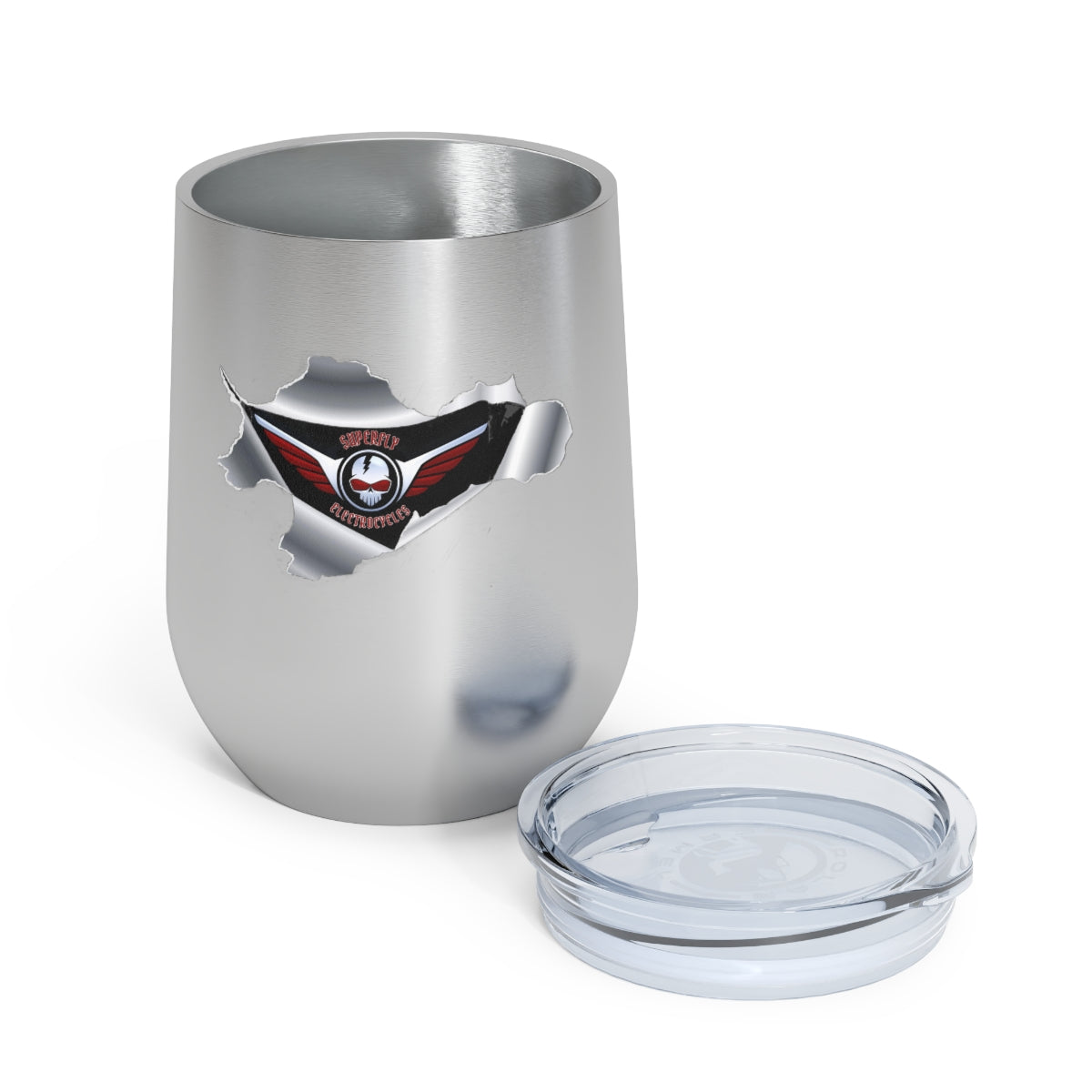 12oz Insulated Wine Tumbler - Cool Superfly ElectroCycles 3D Style Print w/ logo inside a peeled back surface layer