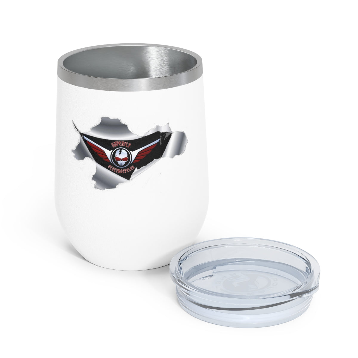 12oz Insulated Wine Tumbler - Cool Superfly ElectroCycles 3D Style Print w/ logo inside a peeled back surface layer