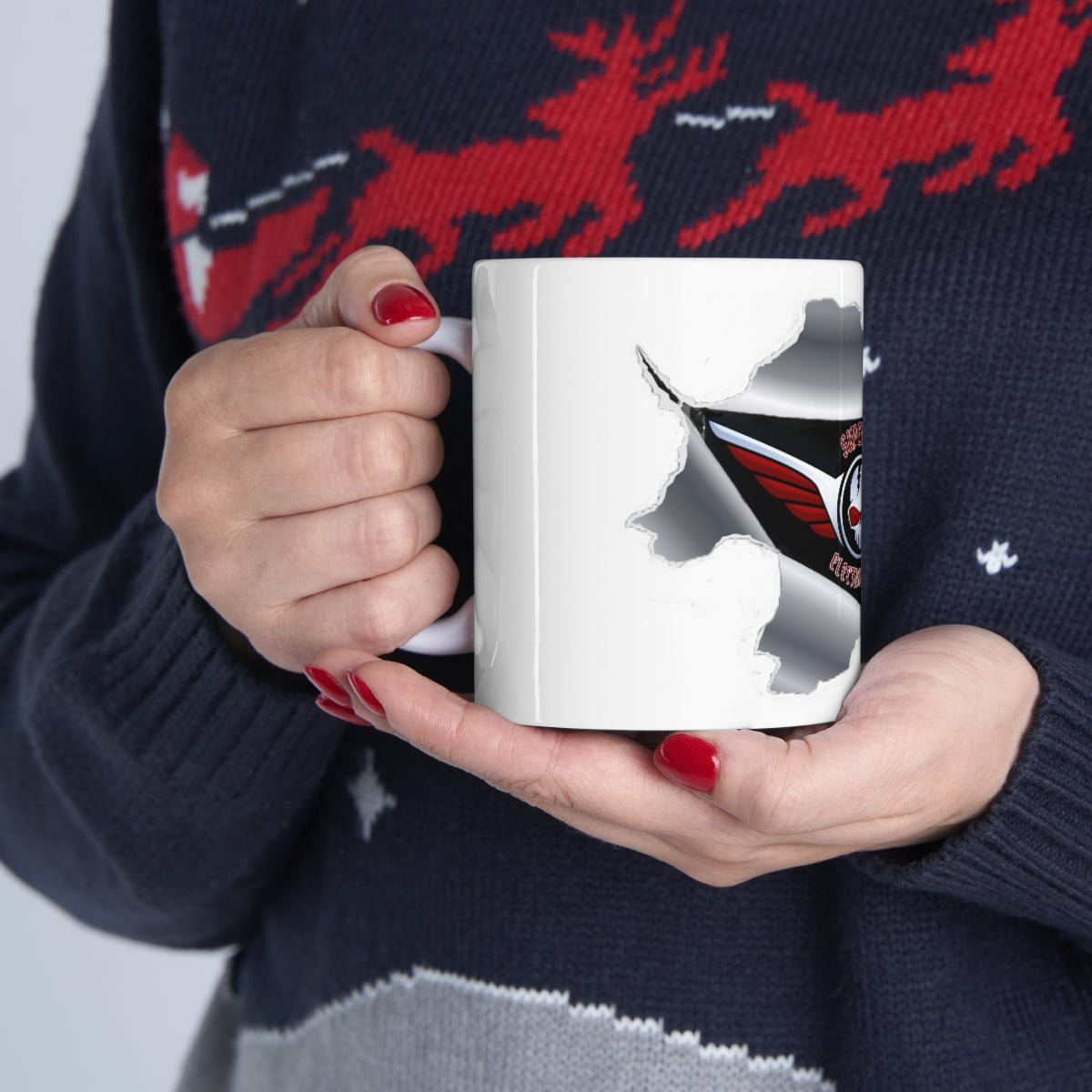 Ceramic Mug 11.0 oz - Superfly ElectroCycles Cool 3D Style Print w/ Logo inside peeled back outer layer