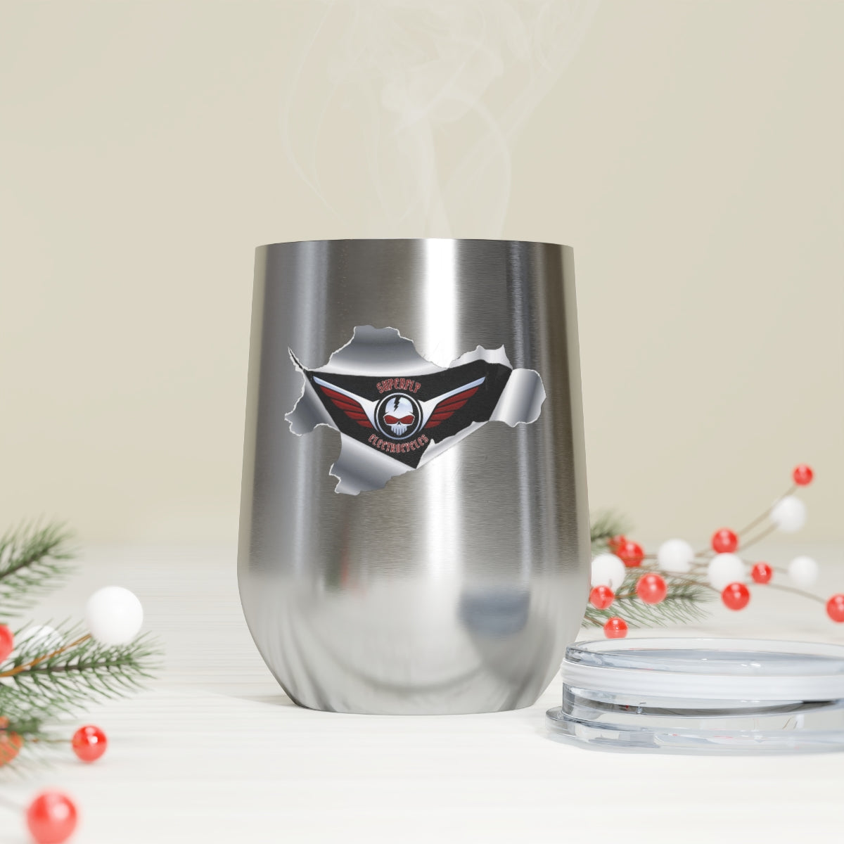 12oz Insulated Wine Tumbler - Cool Superfly ElectroCycles 3D Style Print w/ logo inside a peeled back surface layer