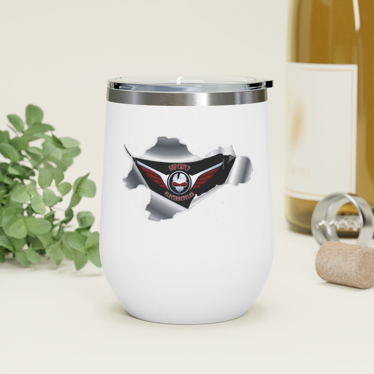 12oz Insulated Wine Tumbler - Cool Superfly ElectroCycles 3D Style Print w/ logo inside a peeled back surface layer