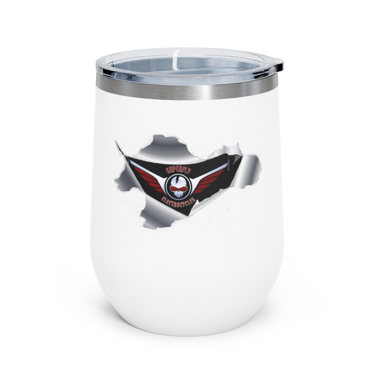 12oz Insulated Wine Tumbler - Cool Superfly ElectroCycles 3D Style Print w/ logo inside a peeled back surface layer